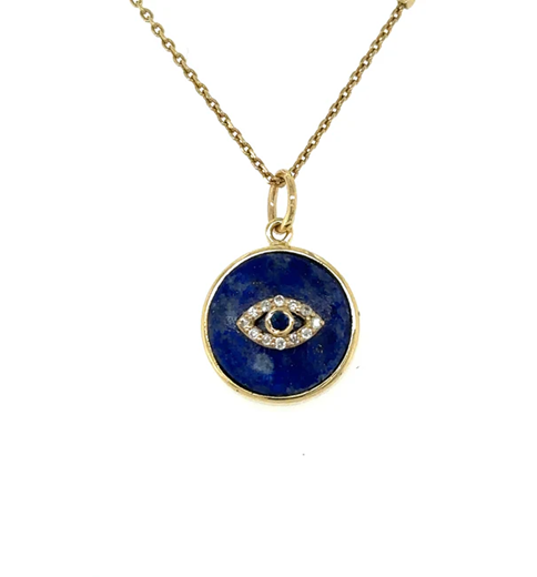 YELLOW GOLD LAPIS EVIL EYE PENDANT WITH DIAMONDS