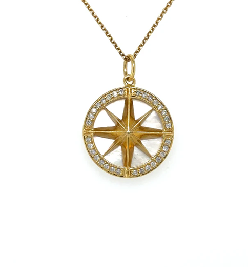 14KT YELLOW GOLD MOTHER OF PEARL COMPASS PENDANT WITH DIAMONDS