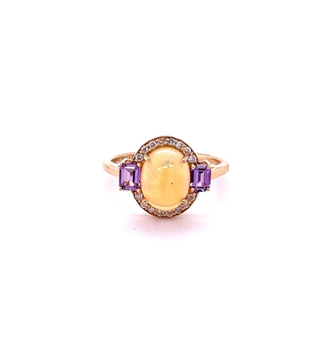 14KT YELLOW GOLD OPAL WITH DOAMONDS AND SAPPHIRE RING