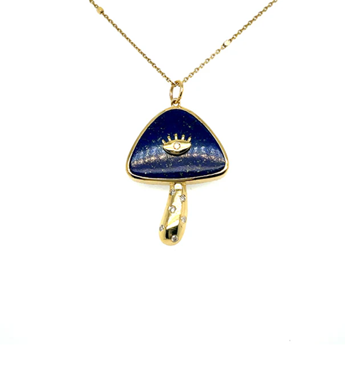YELLOW GOLD LAPIS MUSHROOM PENDANT WITH DIAMONDS