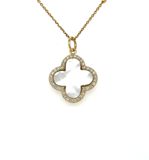 14KT YELLOW GOLD MOTHER OF PEARL CLOVER PENDANT WITH DIAMONDS