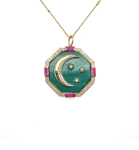 14KT YELLOW GOLD STAR MOON MALACHITE PENDANT WITH DIAMONDS