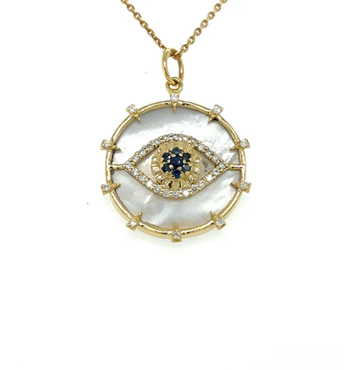 14KT YELLOW GOLD MOTHER OF PEARL EVIL EYE PENDANT WITH SAPPHIRE AND DIAMONDS