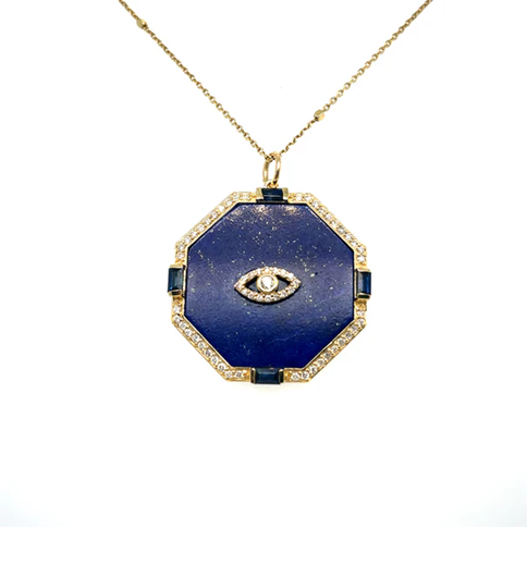 14KT YELLOW GOLD EVIL EYE LAPIS PENDANT WITH DIAMONDS