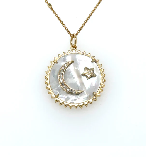 14KT YELLOW GOLD MOTHER OF PEARL MOONSTAR PENDANT WITH DIAMONDS