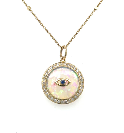 14KT YELLOW GOLD ROUND OPAL EVIL EYE PENDANT WITH DIAMONDS