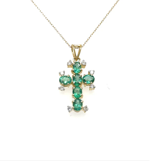 14KT GOLD CROSS WITH EMERALD AND DIAMONDS PENDANT
